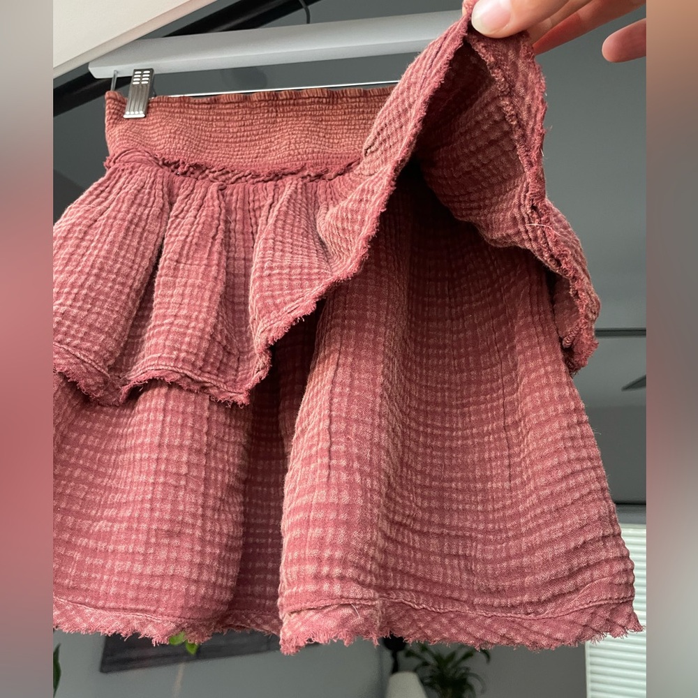Anthropologie Red-Maroon Skater Mini Skirt Smocked Tiered Casual - Picture 6 of 8